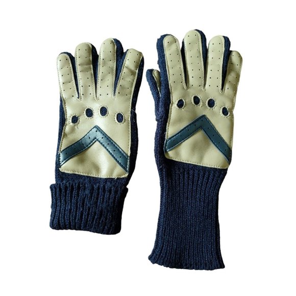 Vintage English Village Gloves Navy Acrylic & Tan Faux Leather One Size - Picture 1 of 7